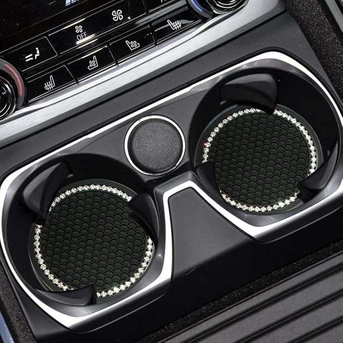 Car Coasters for Cup Holders, 2.75 Inch Auto Cup Holder Insert Coasters Silicone Anti-Slip Crystal Rhinestone Cute Drink Car Cup Mat, 4PCS Bling Car Accessories for Women & Lady (Black)