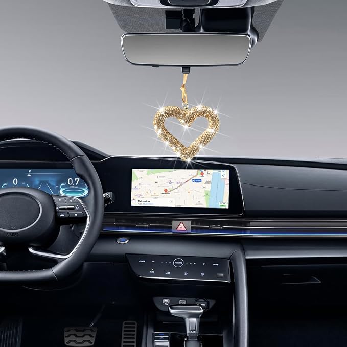 Mandark Bling Heart Car Hanging Accessories, Crystal Rhinestone Vehicle Rear View Mirror Charm Pendant Ornaments, Cute Diamond Auto Interior Hanger Decoration for Women Girls（Golden）