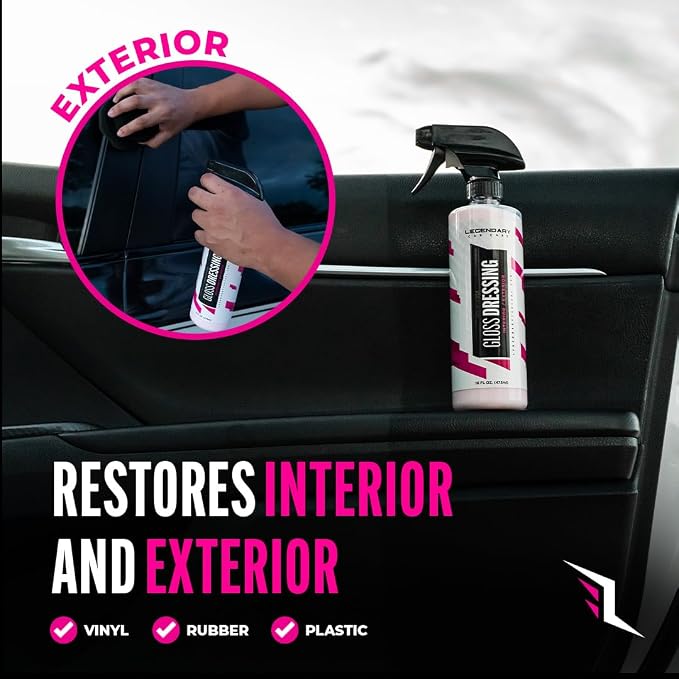 Legendary Gloss Dressing 16oz - Tire Shine Spray & Plastic Restorer – Water Based Tire Shine & Non-Greasy Interior/Exterior Detailing Spray - Trim, Rubber, Vinyl & Plastic Restorer for Cars