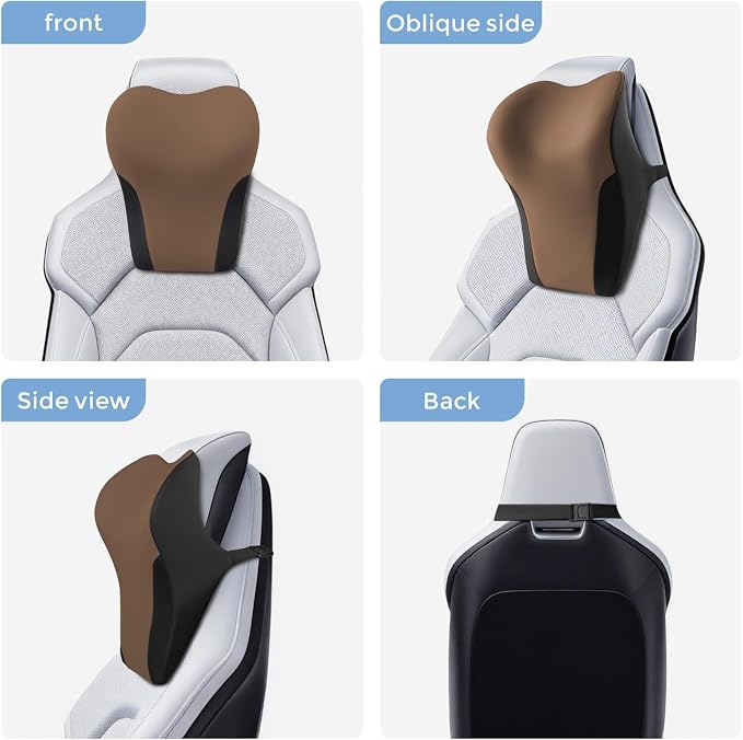 BABUR Car Headrest Pillow, Ergonomic Neck Support for Driving Seat 1 Pcs | Brown,100% Memory Foam,Universal Fit,Softness,Adjustable Strap,Breathable Removable Cover,Car Rest Pillow for Pain Relief