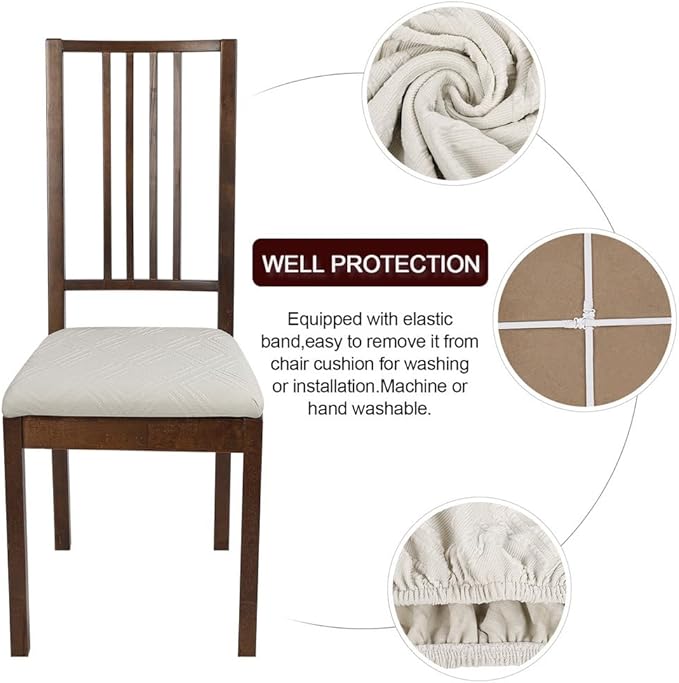 SearchI Waterproof Seat Covers for Dining Room Chairs Stretch Jacquard Chair Seat Covers Set of 6, Removable Washable Kitchen Chair Seat Protector Cushion Slipcovers for Office (Beige Rhombus)