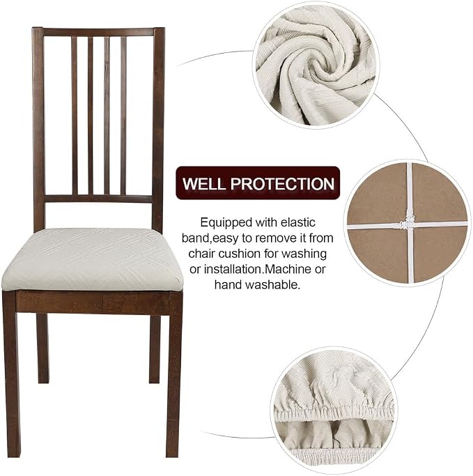 SearchI Waterproof Seat Covers for Dining Room Chairs Stretch Jacquard Chair Seat Covers Set of 4, Removable Washable Kitchen Chair Seat Protector Cushion Slipcovers for Office (Beige Rhombus)