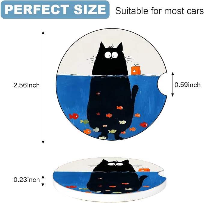 Car Cup Holder Coaster Set of 2, 2.56 in Ceramic Coasters, Scratch-Resistant Cork Backing, Finger Groove Design for Easy Placement, Cute Car Accessories Interior for Women (Kitten Diving)