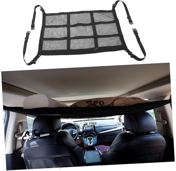 Car Ceiling Cargo Net Organizer Dual-Zipper Mesh Pouch for SUV Van Storage Overhead Accessory for Travel Essentials Umbrellas More