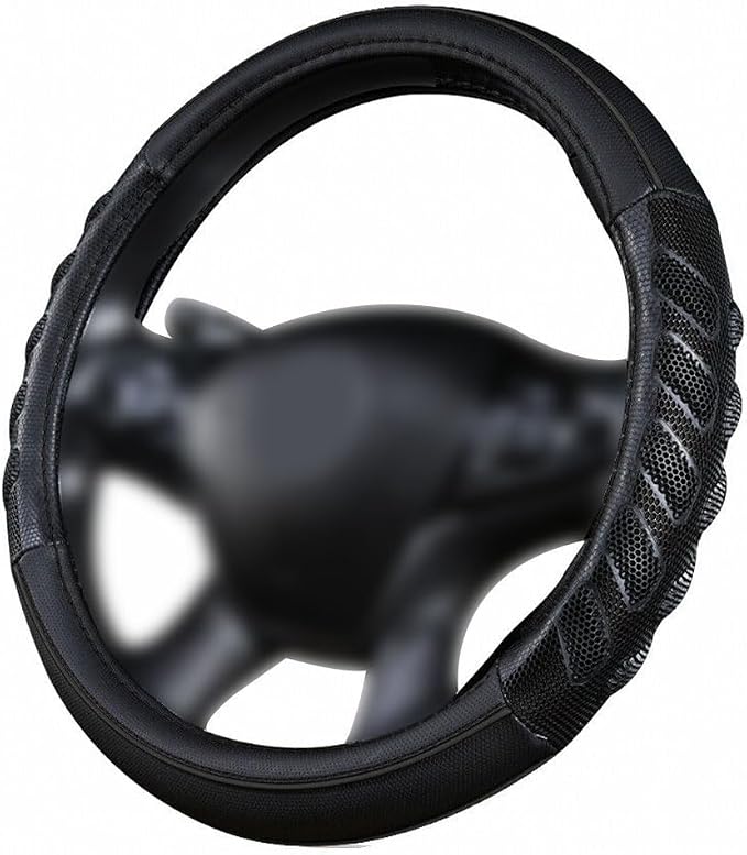 Flying Banner car Steering Wheel Cover Faux Leather Massage Universal fit 3D Honeycomb Hole Anti-Slip Sporty 15 Inches (Black Black)