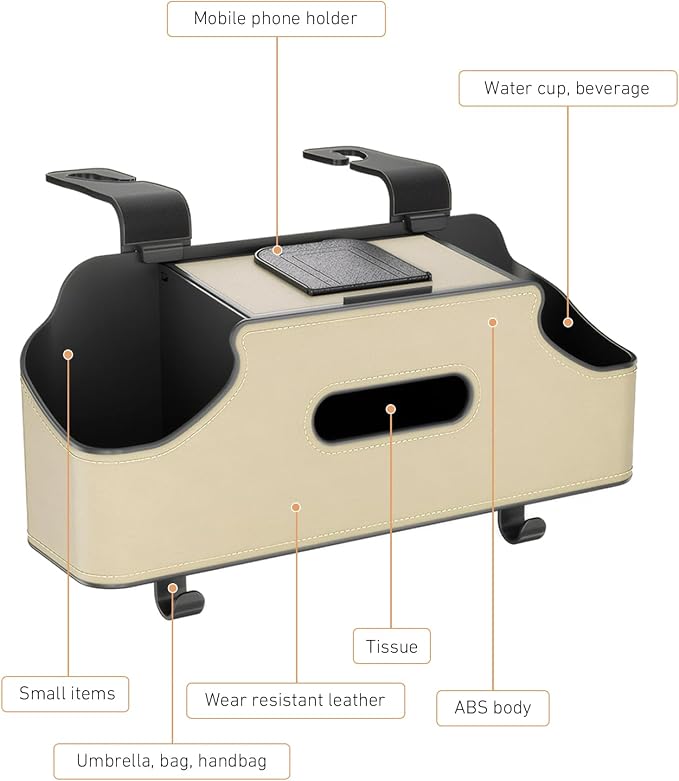 Car Organizer, Car Back Seat Organizer with 2 Drink Cup Holder, Leather Car Storage Box with Tissue Pouch, Multi-functional Behind Seat Storage Case, Universal for Most Vehicles (Beige)