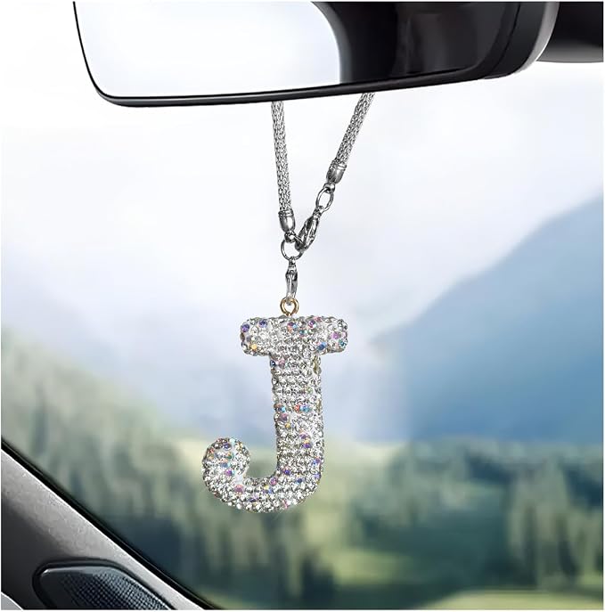 DXNQ Bling Initial Car Rear View Mirror Ornament, Crystal Sparkling Cute Letter Charm Pendant Auto Decor, Hanging Lucky Diamond Initial Charm Car Mirror Bag Ornament for Girl Women (Letter J)