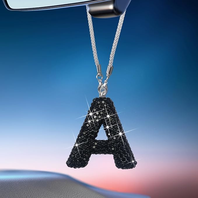 Letter A Bling Black Car Accessories Interior for Women, Interior Charm Rear View Mirror Cute Crystal Pendant Car Decorations for Men, Lucky Gifts Diamond Rhinestone