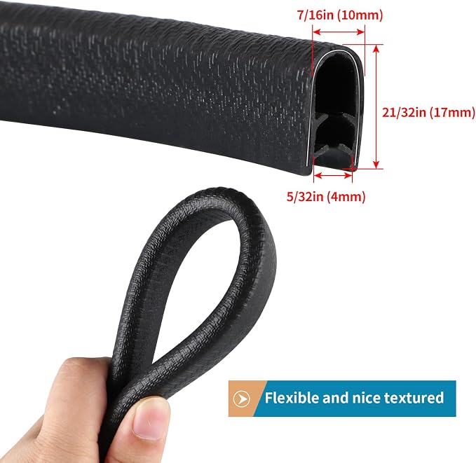 Rubber Edge Trim Guard 10ft/3m, Adhesive Free Door Edge Protector, U Shape Edge Seal Strip with Embedded Metal Clips Fits 3/64" to 1/4" Thick Edges (Black)