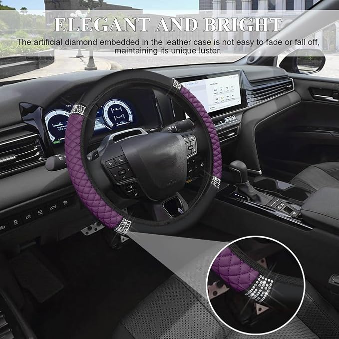 Bling Soft Leather Steering Wheel Cover, 15 Inch Colorful Rhinestones Auto Elastic Steering Wheel Protector for Women Girls, Car Accessories Anti Slip Steering Wheel Cover for Cars, SUVs (Purple)