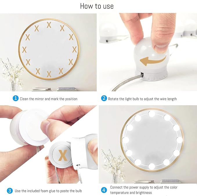 LED Makeup Mirror Light Hollywood Style Vanity Lights USB Fill Light Adjustable Color and Brightness Suitable for Full-Length Mirror, Dressing Room, Dressing Table Set (No Mirror Include) (12 Bulbs)