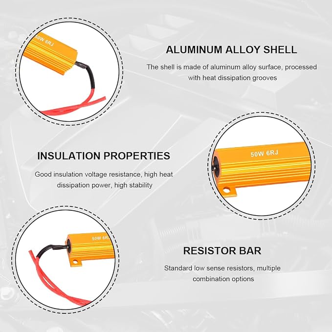 2PCS 50W 6Ohm LED Load Resistors, Automotive LED Turn Signal Resistor Flasher Adaptor with Wire Clips, Vehicle Replacement Resistors for Fixing Hyper Flash Warning Cancellor (Golden)
