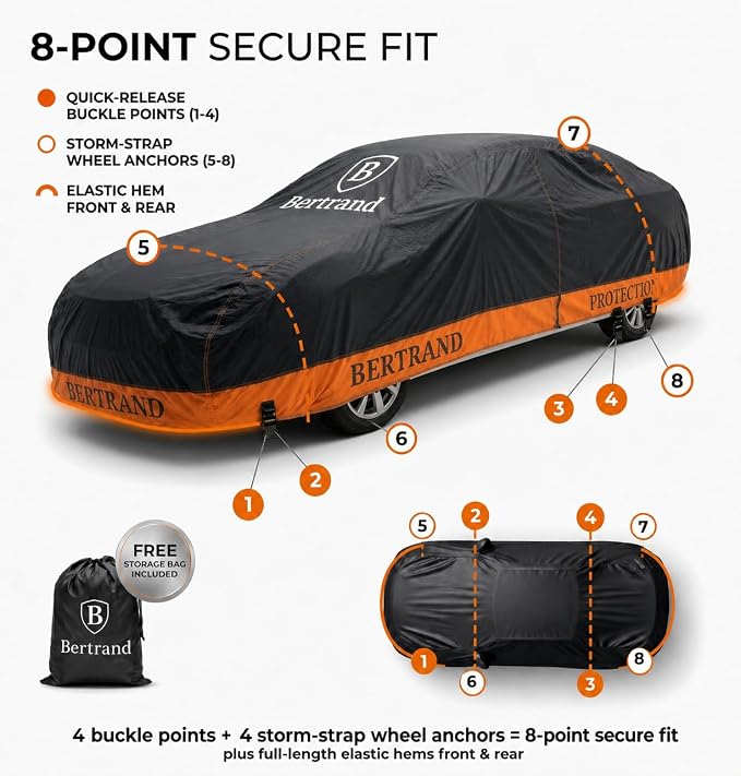 BERTRAND Heavy Duty Sedan Car Cover Waterproof All Weather - Snow, Rain & UV Outdoor Protection | Cotton-Lined, Up to 8-Point Anchoring + Door Zipper | Large Sedans, Black-Orange (185x71, A2)