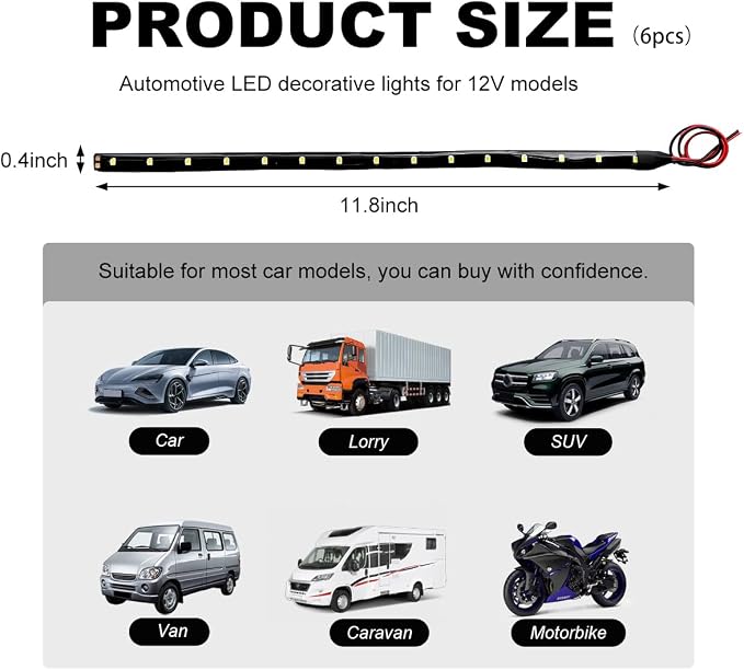 Wevdn 6 PCS 15 LED Strip Underbody Light, DC 12V 1Ft Flexible Underglow Car LED Light Strip with 6 Inch Wire, Waterproof LED Interior Exterior Decoration for Car Truck Motorcycle (White)