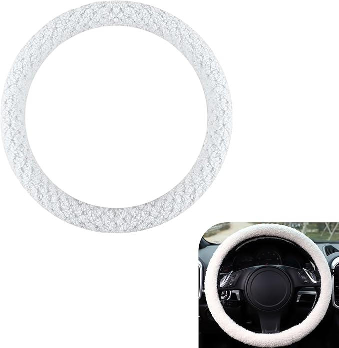 Fuzzy Warm Steering Wheel Cover for Winter, Soft Faux Lamb Fleece with Anti-Slip Inner Ring, 14.96" Inner Diameter Cozy Protective Driving Cover, Universal for Most Cars (White)