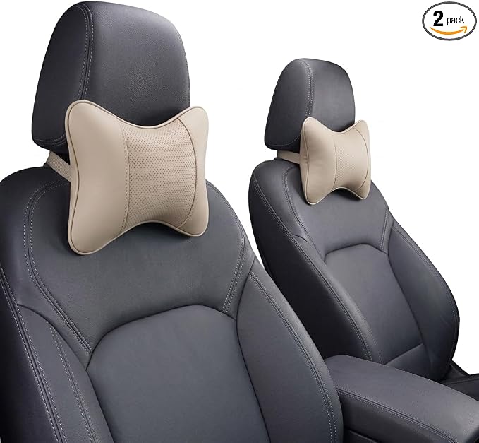 Car Pillow for Car Neck Pillow for Driving Seat Leather Neck Support Soft Cushion Support Head-Rests for Vehicle Sleeping with Elastic Adjustment Strap 2PCS (Neck, Beige)