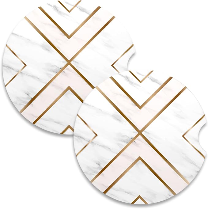 Nipichsha Car Coasters for Cup Holders, 2 Pack Absorbent Ceramic Car Cup Holder Coaster for Drinks, Cute Auto Assecories for Women Men, Size 2.56 in with Finger Notch & Cork Base, White Gold Line