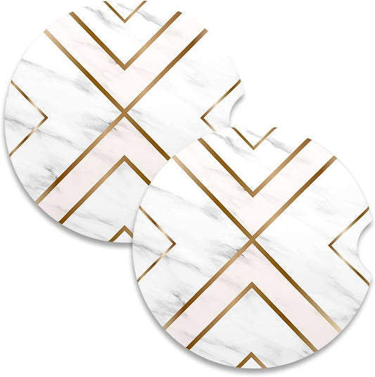Nipichsha Car Coasters for Cup Holders, 2 Pack Absorbent Ceramic Car Cup Holder Coaster for Drinks, Cute Auto Assecories for Women Men, Size 2.56 in with Finger Notch & Cork Base, White Gold Line