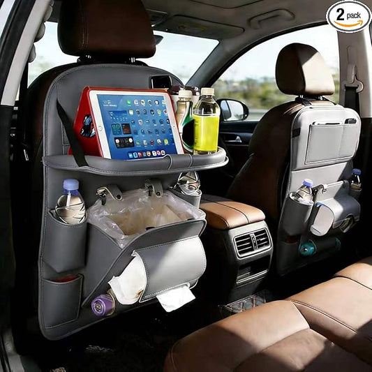 2 Pack Car Backseat Organizer with Foldable Table Tray, PU Leather Seat Back Organizer with Trash Bin, Tablet Holder, Kick Mat Protector, Back Seat Storage for Cars, Gray