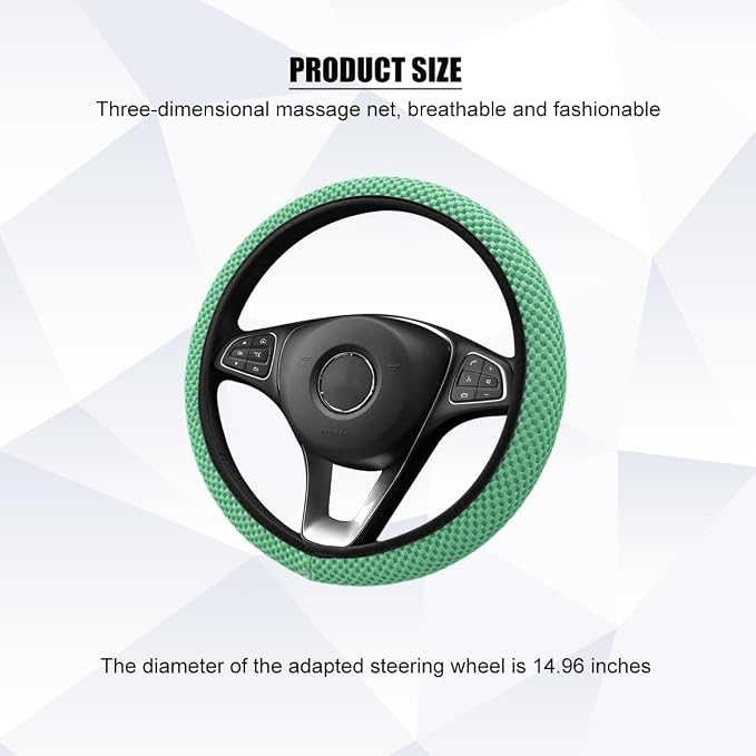 Car Elastic Stretch Steering Wheel Cover, 14.5-15" Breathable Ice Silk Anti-Slip Vehicle Steering Wheel Protector, Comfy Auto Interior Protection Accessories, Universal Fit (Green)