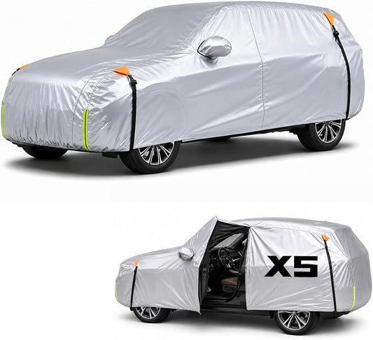 Wigoo BMW X5 Car Cover Accessories 2007-2026, Custom Fit Waterproof All Weather Outdoor Full SUV Cover, Windproof Sun UV Rain Snow Dust Protection, Door Zipper, Reflective Strips