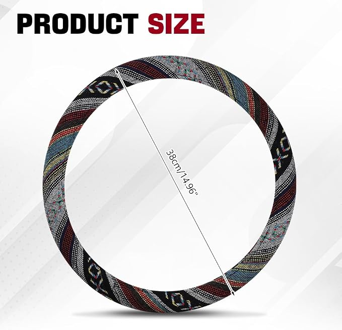 Boho Steering Wheel Cover, Ethnic Style Car Steering Wheel Cover Protector, Anti-Slip Flax Cloth Cover Universal Fits 14.5-15 Inch Steering Wheel, Interior Car Accessories(D Style)