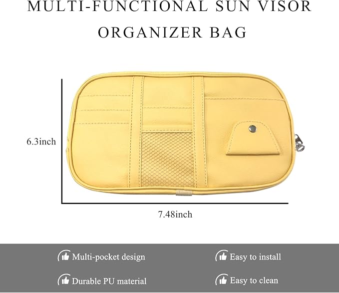 Car Sun Visor Organizer, Leather Multi-Pocket Visor Organizer Pouch with Double Zippers Net, Sunglass Holder Storage Pocket for License Pen Key Card Registration Document (Beige)