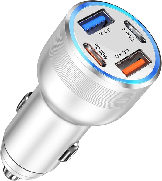 USB C Car Charger, 4 Port 65W Super Fast Charging Cigarette Lighter Adapter | QC/PD 30W Car Phone Charger 12V USB Car Outlet Adapter,for iPhone 17 16 15 14 13 12 iPad Pro,Samsung,Pixel(Silver)