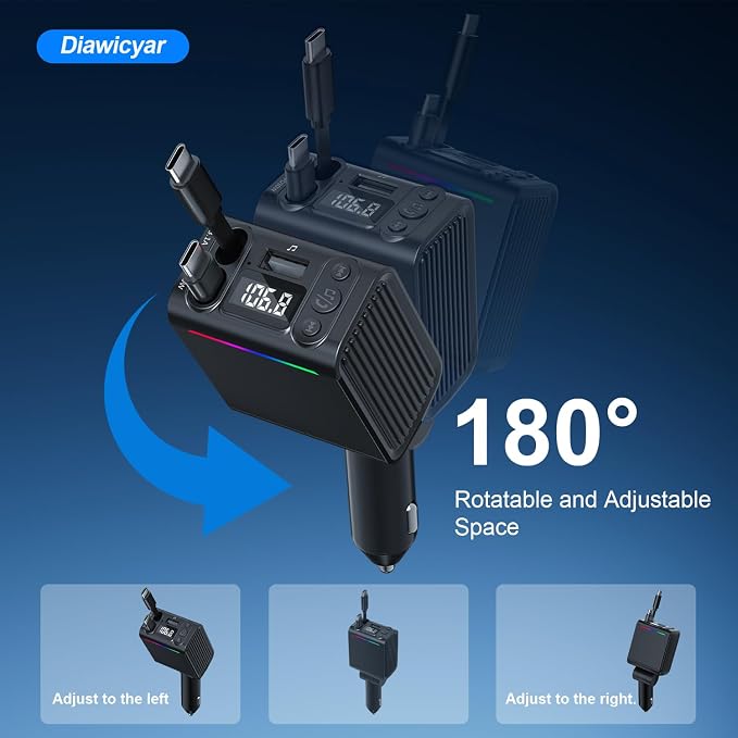 45W FM Transmitter Bluetooth Car Adapter, Wireless FM Bluetooth Transmitter | [PD 30W & QC3.0] Retractable Car Charger, Hands-Free Calling, Black