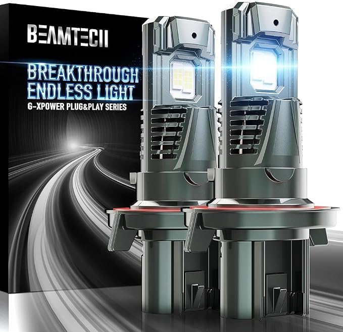 BEAMTECH H13/9008 Light Bulbs, G-XPower Chips 500% Brighter Fog Light | 6500K Xenon White Light Plug and Play, 2 Bulb
