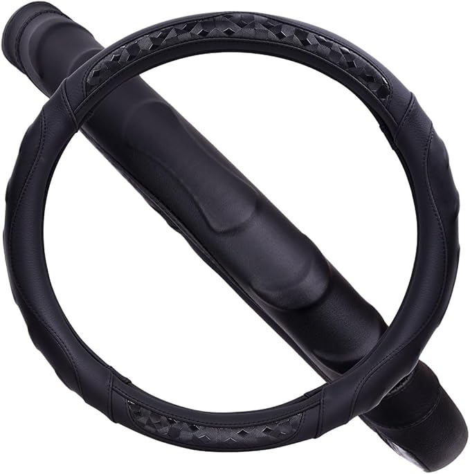 Flying Banner Faux Leather Heavy Duty Inner Ring car Steering Wheel Cover 14.5-15 inches (All Black)