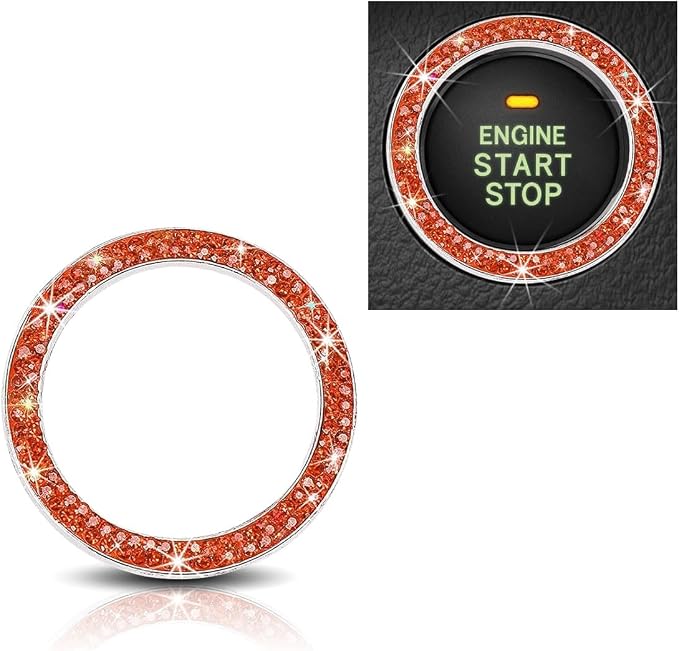Car Bling Crystal Rhinestone Engine Start Decoration, Start Button Cover Sticker, Key Ignition & Knob Ring Decoration, Bling Car Interior Accessories for Women (Orange)