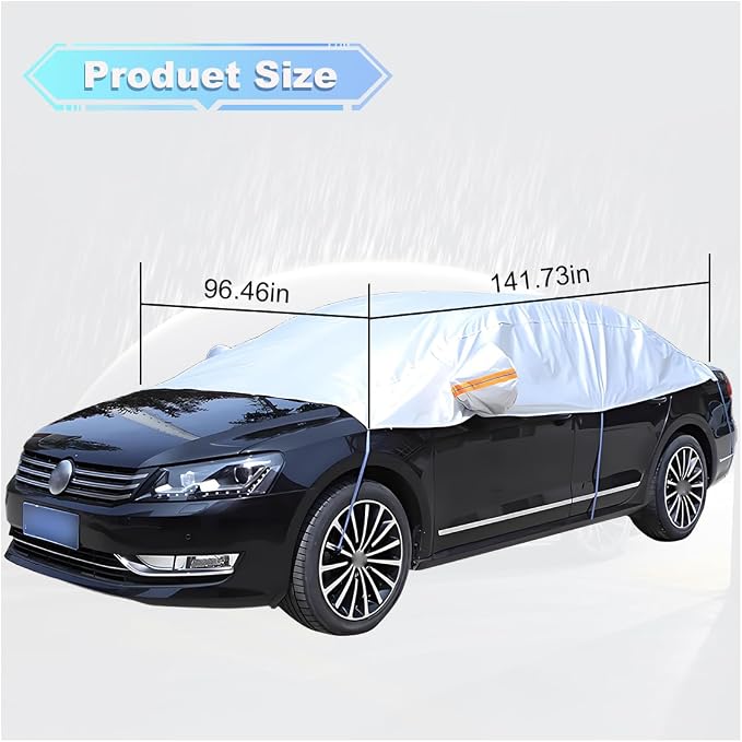 Half Car Cover for Sedan, Waterproof & Dustproof & Snowproof Automotive Windshield Covers, All-Weather Auto Sun Protection with Reflective Straps, 141.7" Vehicle Sunroof Cover (Notchback)