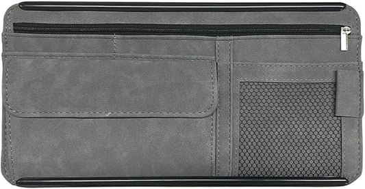 Suede Car Sun Visor Organizer with Multi-Pocket Net Zipper, Glasses Case, Sunglass Holder (Grey)
