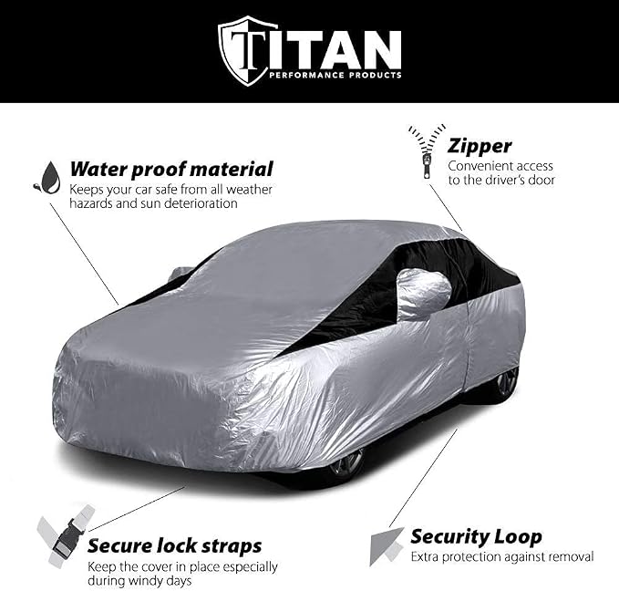 Titan Lightweight Poly 210T Car Cover for Compact Sedans 176-185". Waterproof, UV Protection, Scratch Resistant, Driver-Side Zippered Opening. Fits Corolla, Sentra, Cruz and More.