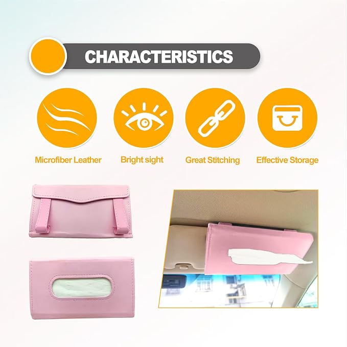 Premium PU Leather Car Tissue Holder Visor for Universal Auto,Tissue Case Holder Seat Back with Tissue Refill, Car Tissue Holder (Pink)