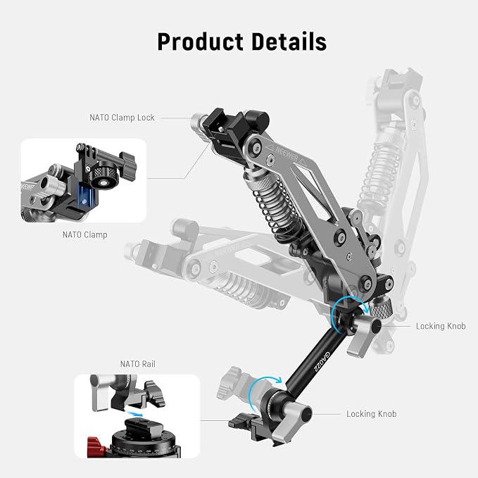 NEEWER GA022 Vacuum Suction Cup Car Action Camera Mount Hydraulic Boom Arm | NATO Rail, Compatible with DJI Osmo Pocket 3 4 Xtra Muse Action 5 Pro 6 Insta360 Luna Ultra X5 X4 GoPro Hero13 Adapter Holder