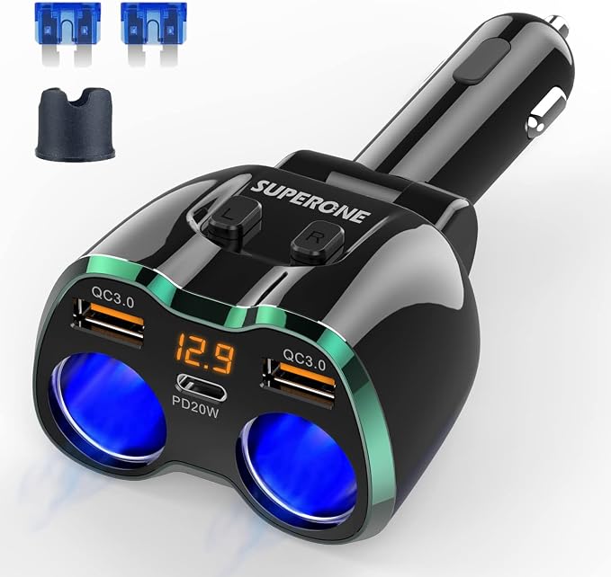 [2026 Upgraded] Cigarette Lighter Splitter, SUPERONE 180W 2-Socket Cigarette Lighter Adapter with Dual QC3.0 and 20W PD USB C Car Charger Splitter for GPS/Dash Cam/Laptop/iPad/iPhone 17/16/15/14/13/12