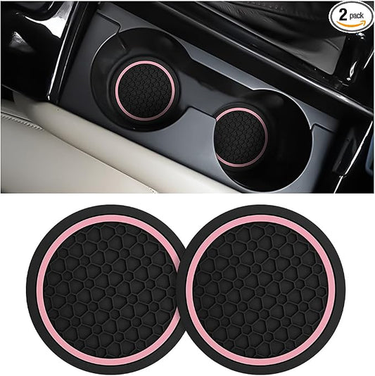 Mandark Car Cup Holder Coasters, 2.75 Inch Non-Slip Insert Water Bottle Holder Pads, Dustproof Automotive Interior Accessories Mat, Universal for Vehicles, Trucks, RVs and More (Black/Pink, 2PCS)