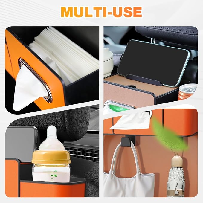 3-in-1 Car Backseat Organizer with Cup Holder, Tissue Box, Trash Bin & Hooks,Multifunctional Back Seat Car Organizer for Hold Phones,Snacks,Drinks,and Handbags (Brown)