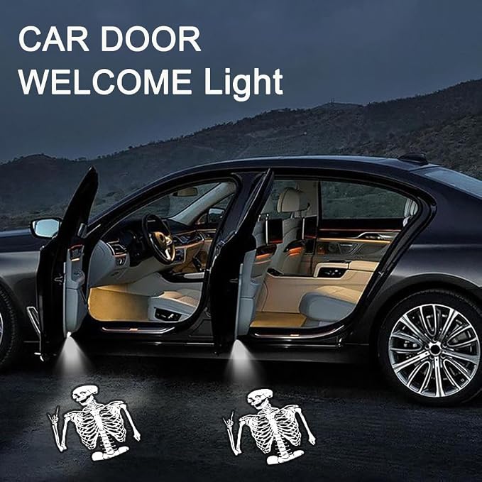 2PCS Car Door Lights,Skeleton Door Lights Logo Projector LED Shadow Welcome Lamp,Skeleton Car Accessories Gifts for Women Men,Suitable for All Vehicles Motorcycle Bike