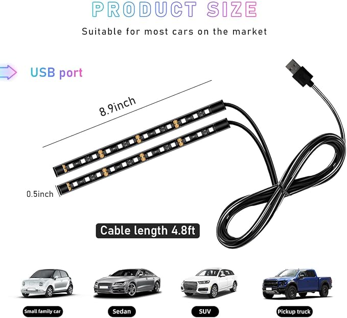 Ohleats Car LED Strip Light, 24 LED RGB Auto Interior Atmosphere Lights, USB Vehicle Under Dash Ambient Night Light Strip, Interior Decorative Lamp Lighting Kit Car Accessories (Pink Purple)