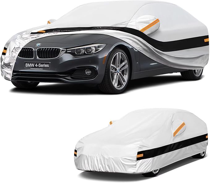 10 Layers Car Cover Custom Fit for BMW 4Series (2013-2026) F32, F33, F36, G22, G23, G26, Waterproof All Weather for Automobiles, Outdoor Full Cover Sun Dust Rain Protection with Cotton. Silver