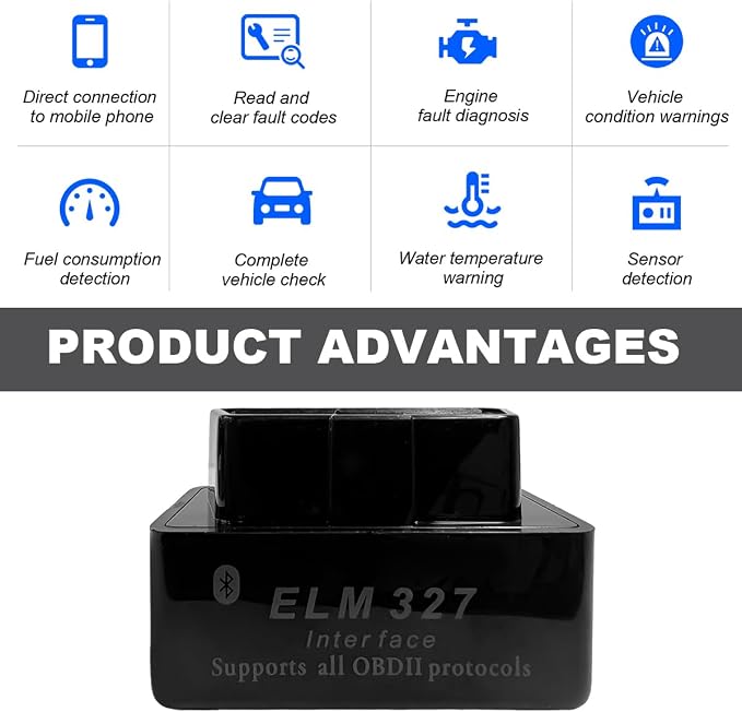 KVAEY 2 PCS OBDII Car Auto Diagnostic Scanner, ELM327 Automotive Bluetooth Scan Tool and Code Reader, Professional Car Bluetooth Engine Fault Code Reader, Universal Car Accessories (Black)