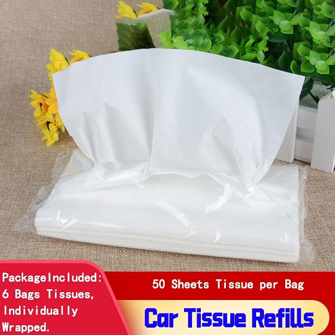 Car Tissue Refills, 300 Sheets Disposable Soft Facial Tissues Napkin, Travel Size Pack for Car Visor Tissue Holder or Purse, 50 Sheets per Pack