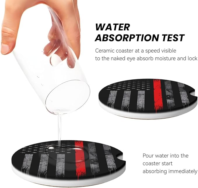 Thin Red Line American Flag Firefighter Absorbent Ceramic Car Coasters 2 Pack Insert Cupholder Coaster Car Cup Holder Mat with Finger Notch Anti-Slip Cork Base Reusable Drink Coasters 2.56 in