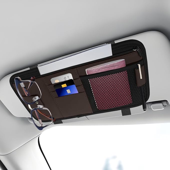Car Sun Visor Organizer, PU Leather Automotive Visor Storage Pouch Holder with Multi-Pocket, Vehicle Interior Organizer Accessories for Sunglasses, Pen, Key, Phone, Cards, License(Brown)