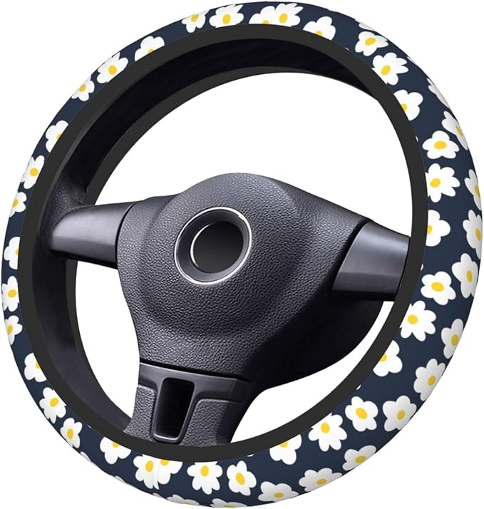 Cartoon Daisy Flower Elastic Steering Wheel Cover Non-Slip Breathable Steering Wheel Protector Fit Auto, SUVs, Truck