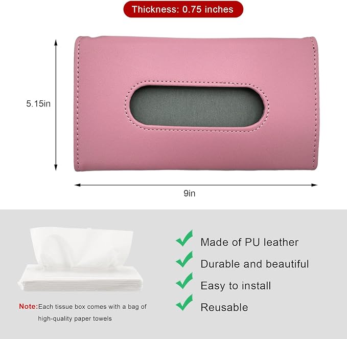 Car Visor Tissue Holder, Leather Auto Paper Towel Case Sun Visor Napkin Dispenser with 1 Pack Tissues, Rectangular Backseat Paper Towel Storage Holder for Most Vehicles (Pink)