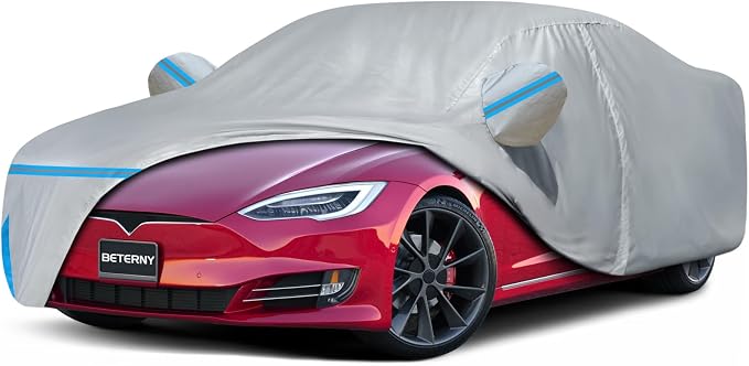 Car Cover for 2012-2026 Tesla Model S, Waterproof Custom-fit All Weather Sun Rain UV Dust Snow Protection Windproof Outdoor Model S Full Car Cover with Door Zipper and Cotton Lining-Gray